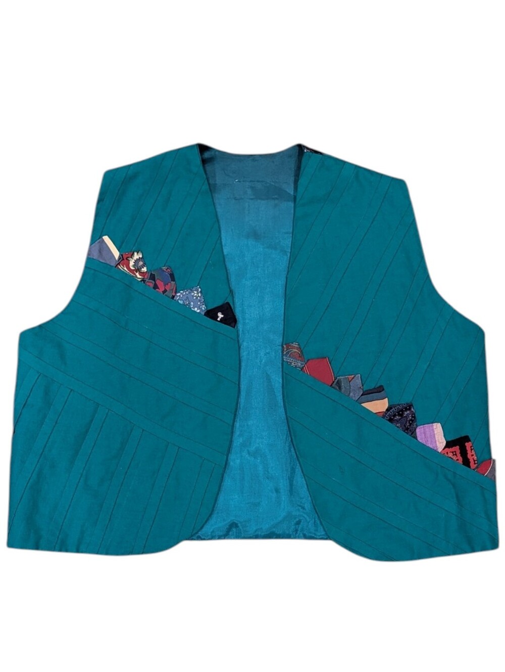 Vintage Handmade Teal Patchwork Vest Women’s M/L 80s 90s Artsy Boho